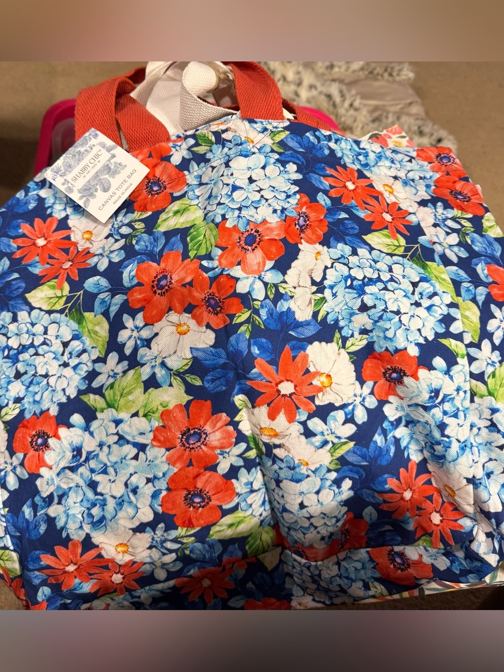 Shabby Chic Floral Tote Bag with Blue & Red Bouquet Print. NWT R4